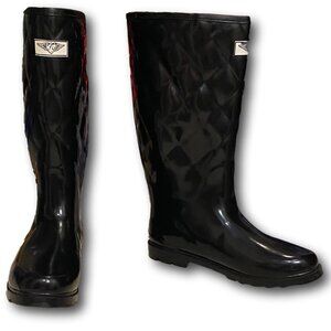 Forever Young Shiny Black Quilted Look Rain Boots Size 10 Excellent Condition
